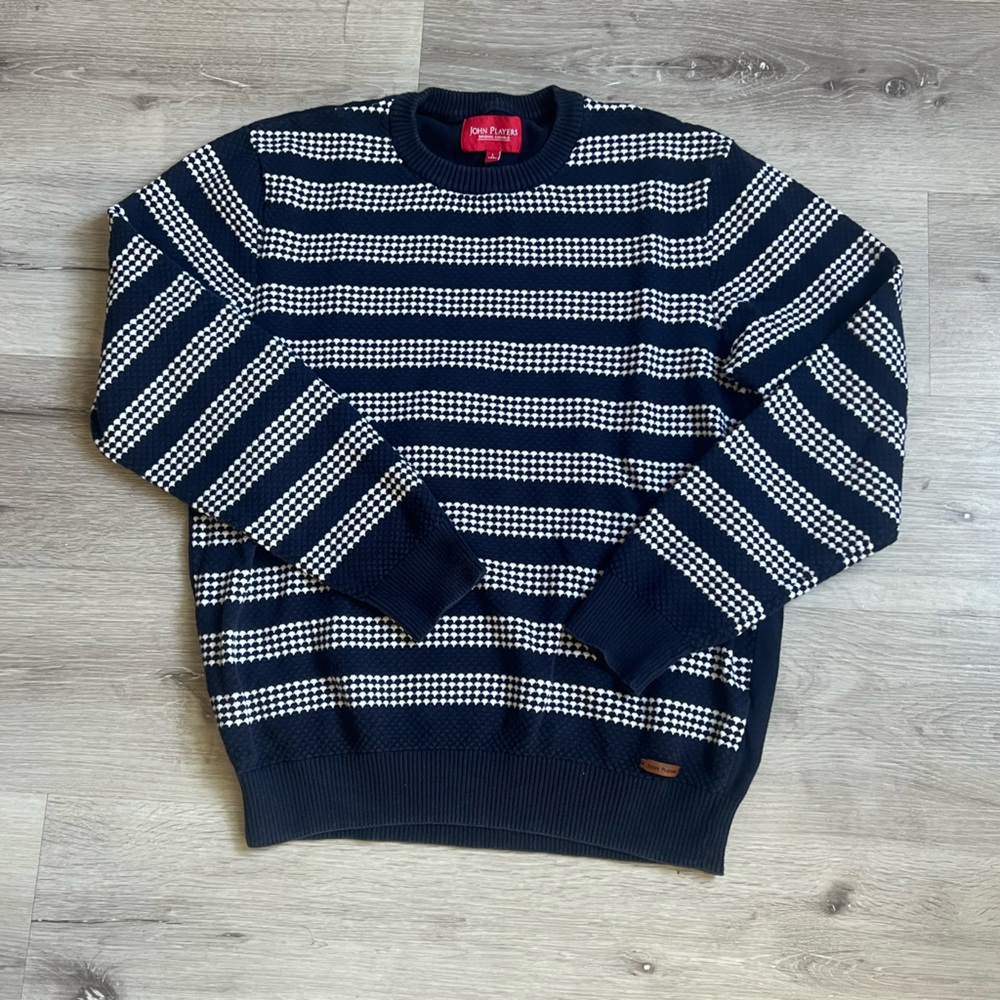 Navy and White Striped Men's Cardigan Sweater